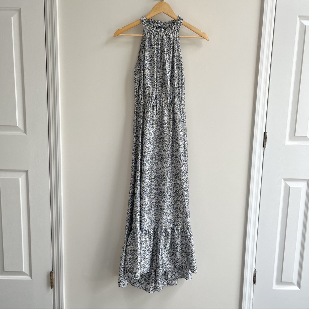 [zara] satin ditsy floral sleeveless high low maxi dress blue white XS